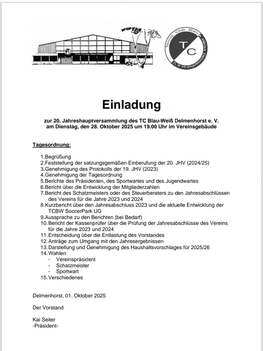 Einladung zur TCBW Jahreshauptversammlung 2025